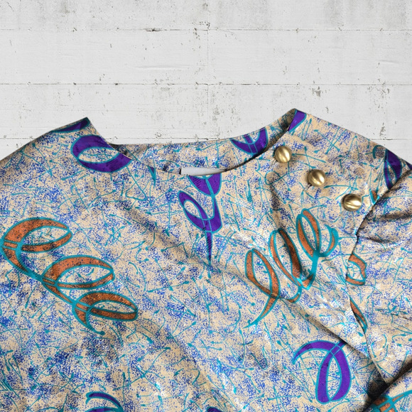 70s Vintage Cream Blue Metallic Abstract USA Made Blouse Midi Skirt Set Size 14 - Picture 4 of 13